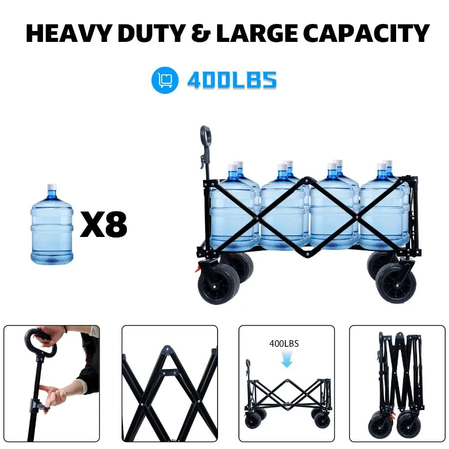 Foldable Wagon with Extended Tailgate Extra Long Extender Heavy Duty 400 Pounds All Terrain Beach Cart