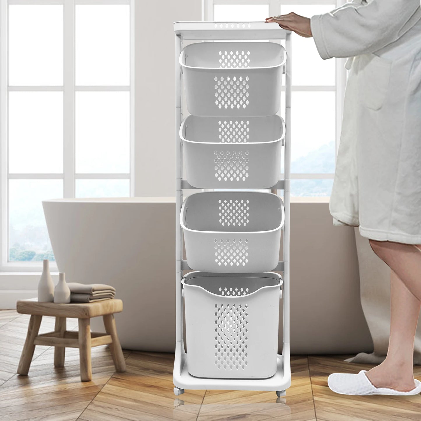 2 Tier 4 Tier Laundry Basket Cart Removable Storage Buckets Plastic Hamper with 4 Wheels White