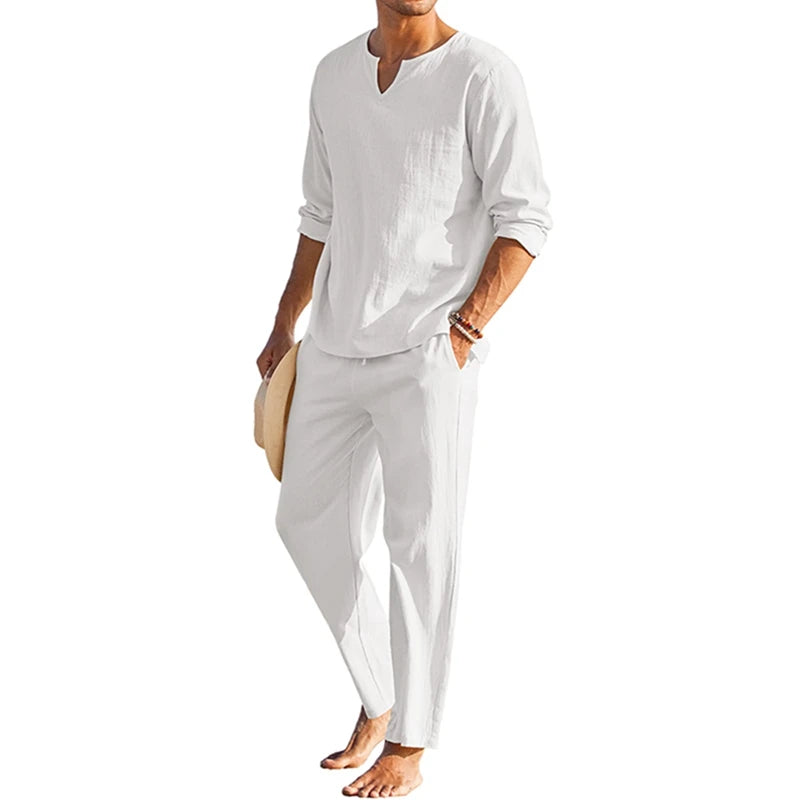Men's Summer Cotton Linen Solid Color Long Sleeve Henley Shirt and Elastic Waist Drawstring Pants Two Piece Loungewear Set