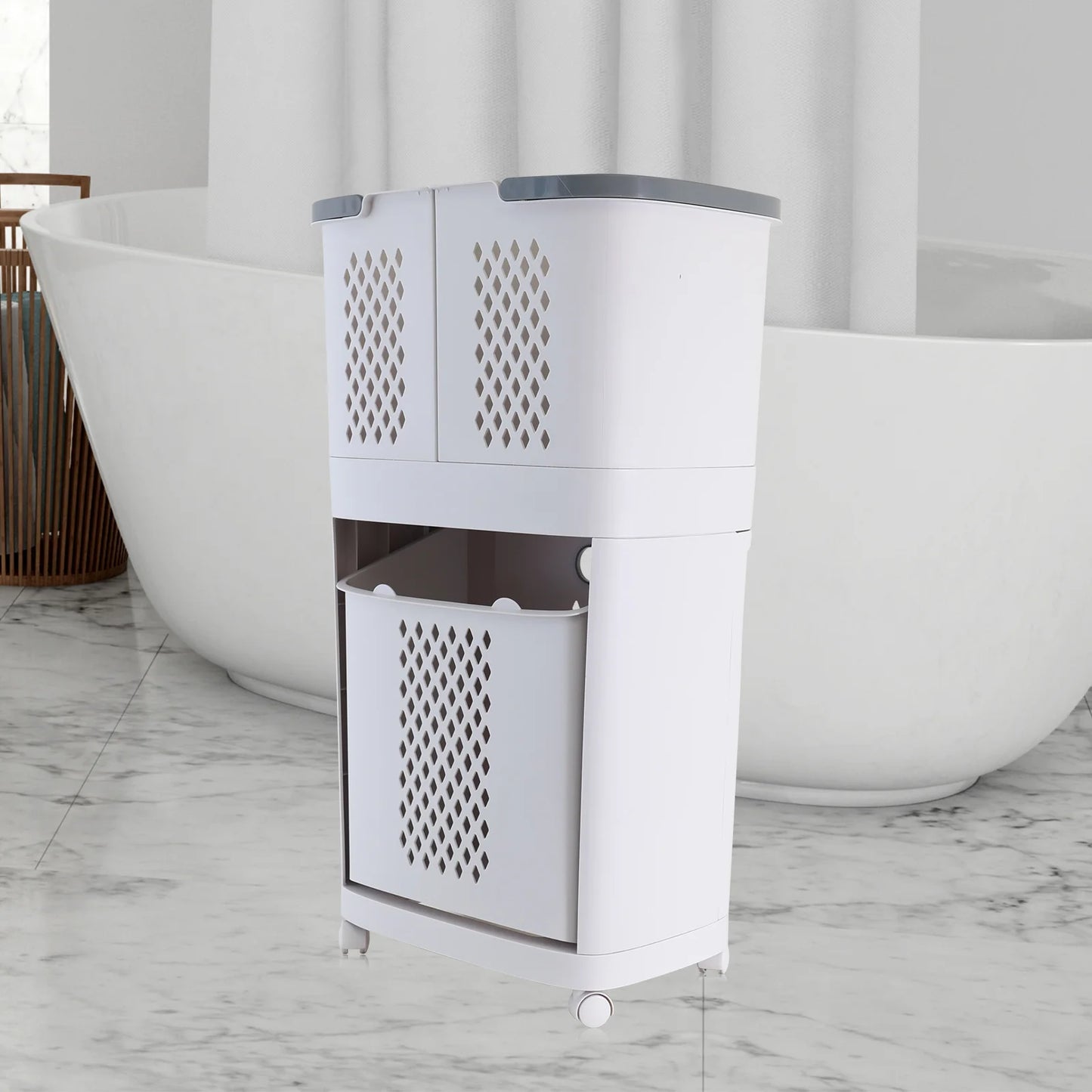 Removable Household Laundry Basket with Wheels 2 Tier Rolling Hamper Eco-Friendly Classic Style