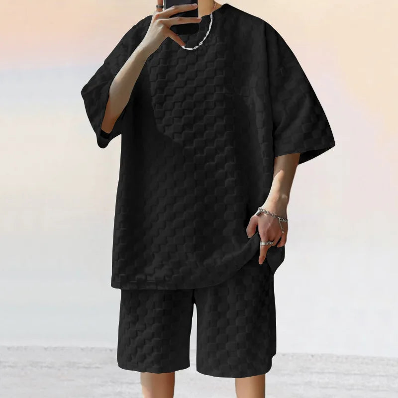 Men's Summer Jacquard Plaid Short Sleeve T-Shirt and Loose Straight Leg Casual Shorts Set