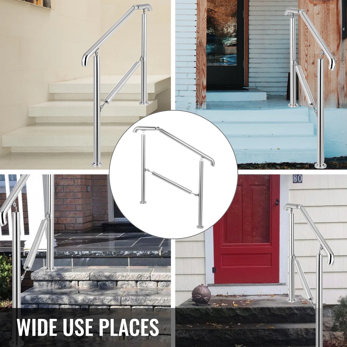 VEVOR Stainless Steel Adjustable Stair Railing for 3 to 5 Steps Level Surface Safety Handrail