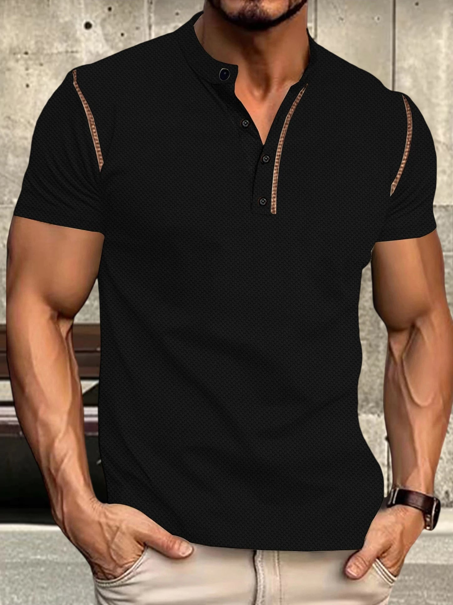 Men's Fit Henley Short Sleeve T-Shirt with Contrast Stitching Casual Summer Top for Streetwear Style