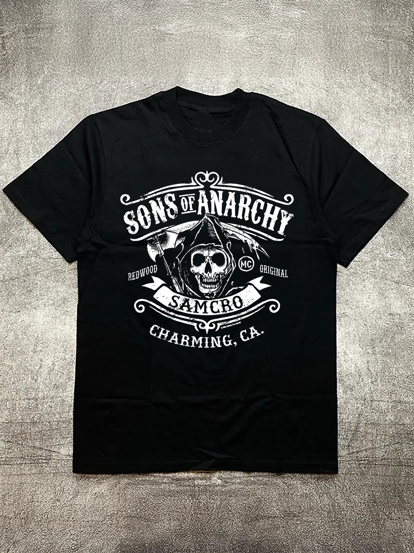 Black 200g Cotton Men's T-Shirt with Sons of Anarchy Logo Heat Transfer Print