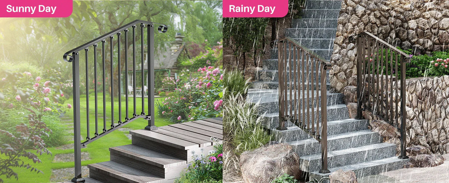 Redlife Handrails for Outdoor Steps Fit 2 to 4 Steps Wrought Iron Stair Railing for Concrete and Wooden Stairs