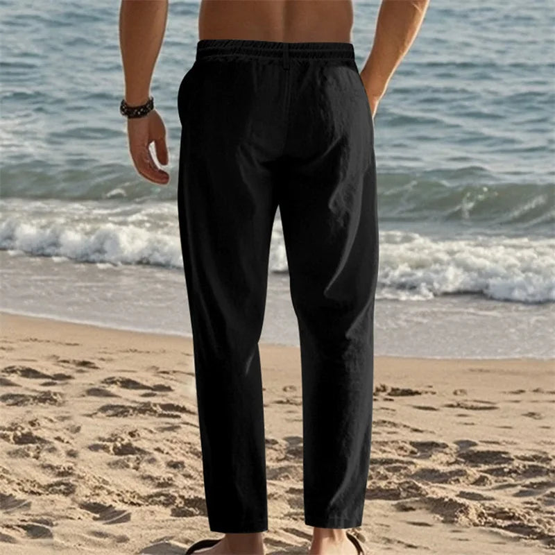 Men's Lightweight Drawstring Linen Pants with Pockets Comfortable Straight Leg Casual Trousers for Summer Beach Wear