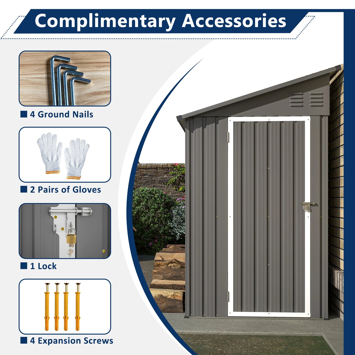 LZBEITEM 4 Foot x 8 Foot Metal Wall Side Storage Shed Outdoor Garden Storage Cabinet Grey