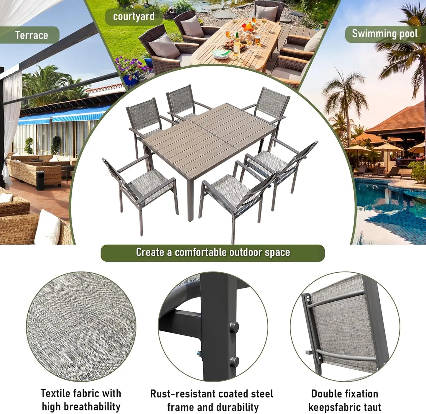 7 Piece Patio Dining Set Outdoor Furniture with Weather Resistant Table and 6 Stackable Textilene Chairs for Garden