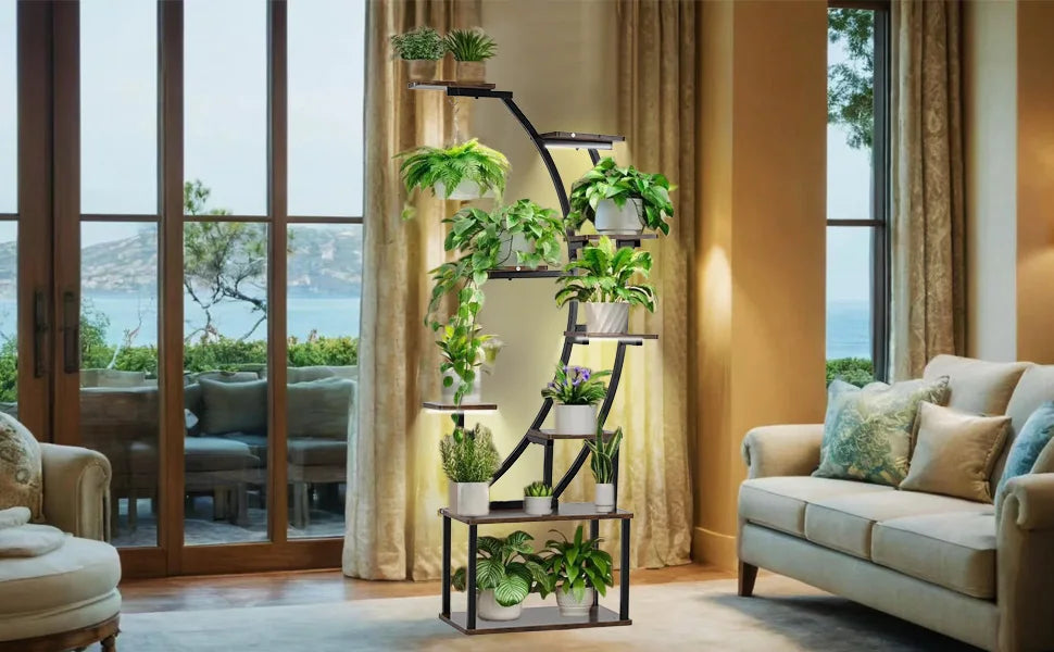 Black Plant Stand with Grow Light 9 Tiered Metal Shelf 60 Inch Black Holder Display Rack for Home Balcony