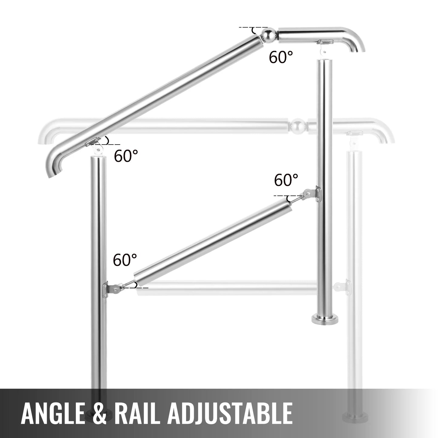 VEVOR Stainless Steel Adjustable Stair Railing for 3 to 5 Steps Level Surface Safety Handrail