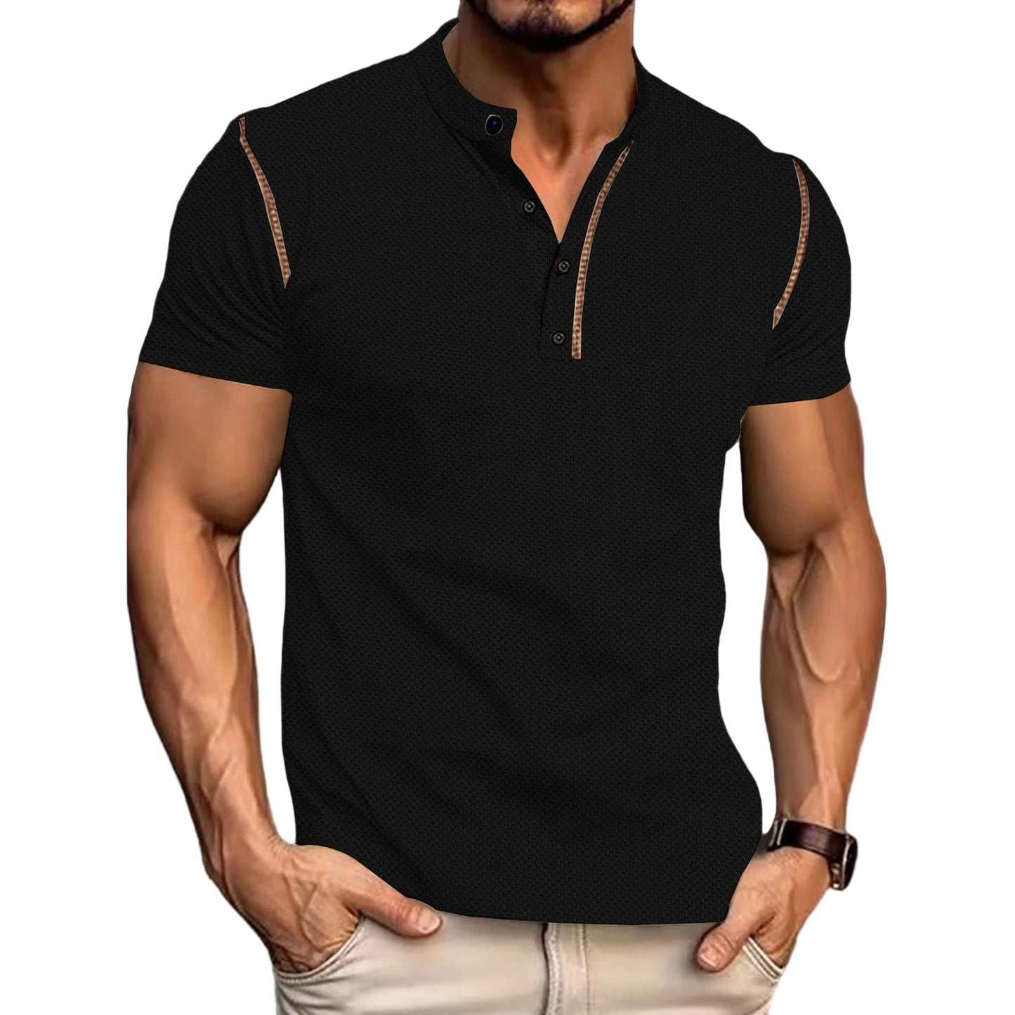 Men's Fit Henley Short Sleeve T-Shirt with Contrast Stitching Casual Summer Top for Streetwear Style