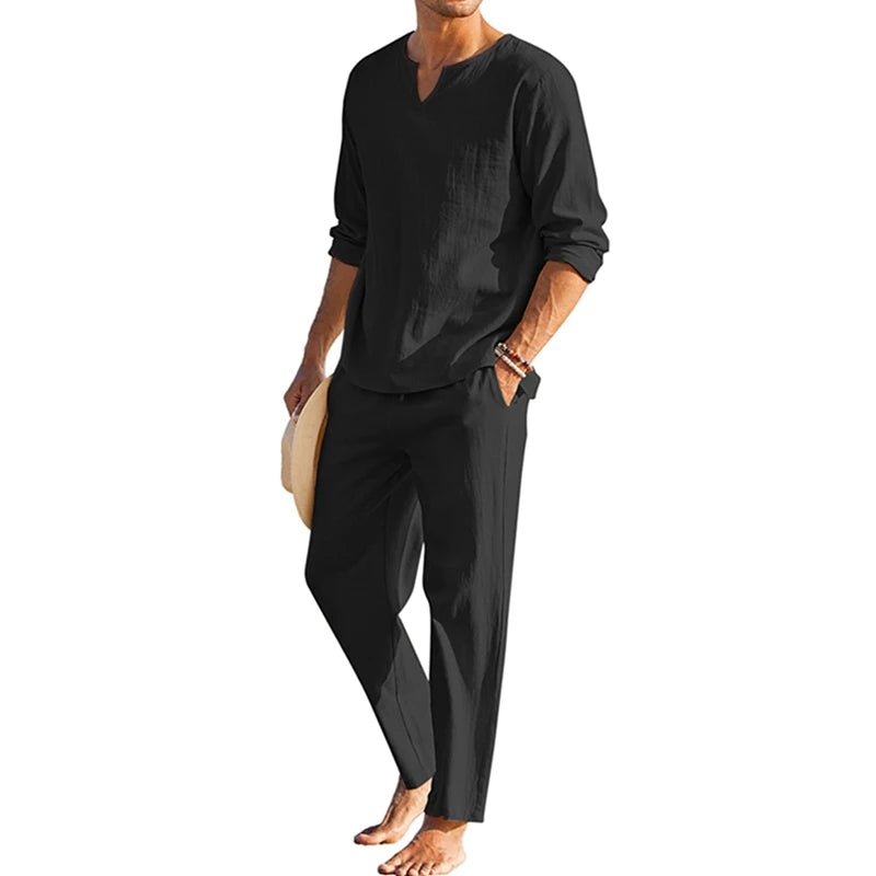 Men's Summer Cotton Linen Solid Color Long Sleeve Henley Shirt and Elastic Waist Drawstring Pants Two Piece Loungewear Set
