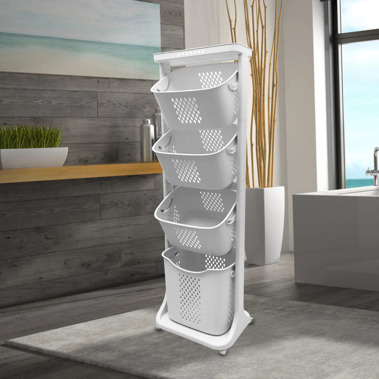 2 Tier 4 Tier Laundry Basket Cart Removable Storage Buckets Plastic Hamper with 4 Wheels White