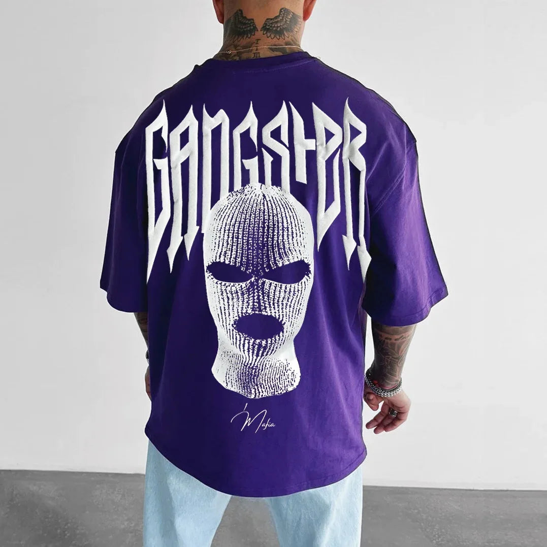 High Quality American High Street Masked Person Printed T-Shirt for Men Oversized Loose Harajuku Short Sleeve Tops