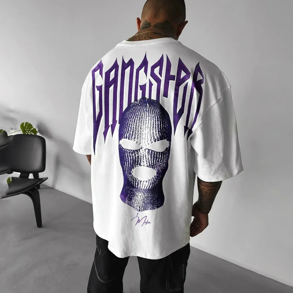 High Quality American High Street Masked Person Printed T-Shirt for Men Oversized Loose Harajuku Short Sleeve Tops
