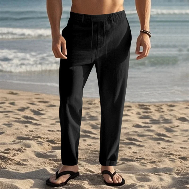 Men's Lightweight Drawstring Linen Pants with Pockets Comfortable Straight Leg Casual Trousers for Summer Beach Wear