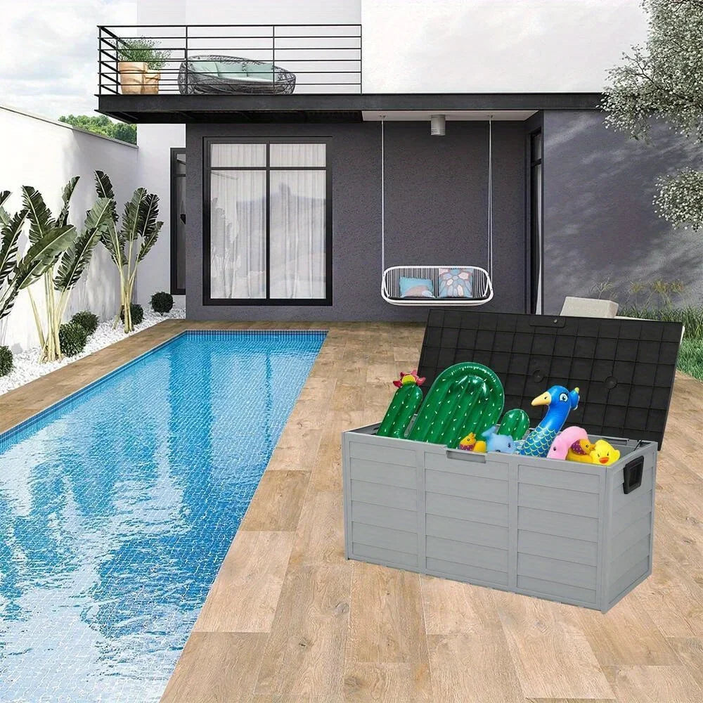 All Weather Deck Box Storage with Wheels UV Pool Shed Bin Backyard Porch 75 Gallons