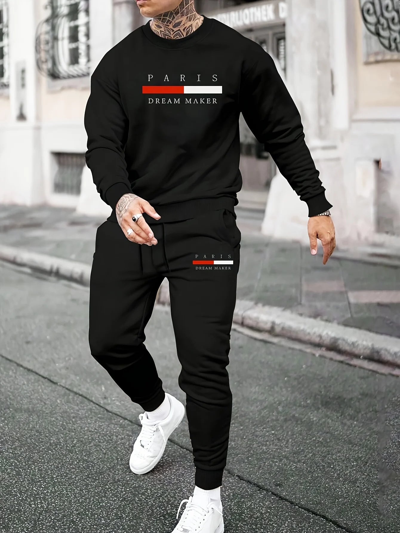 Men's Sports Suit Round Neck Long Sleeved Sweatshirt and Drawstring Sweatpants Autumn Polyester Sports Suit