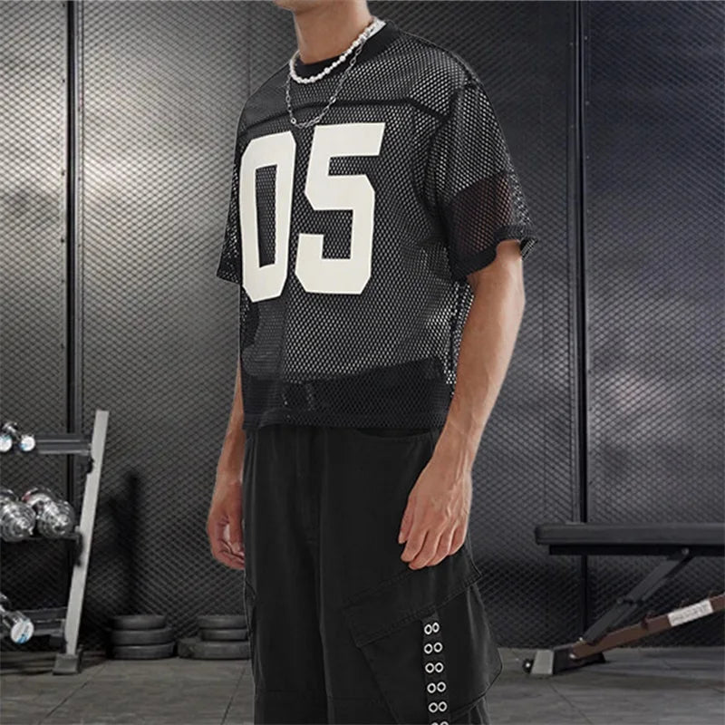 Men's Breathable Mesh Shirt with Bold Number Print Sheer Short Sleeves and Round Neckline for Casual Streetwear