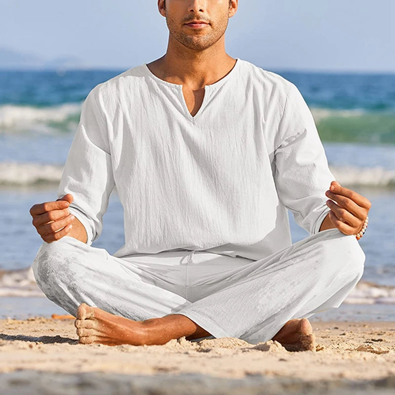 Men's Summer Cotton Linen Solid Color Long Sleeve Henley Shirt and Elastic Waist Drawstring Pants Two Piece Loungewear Set