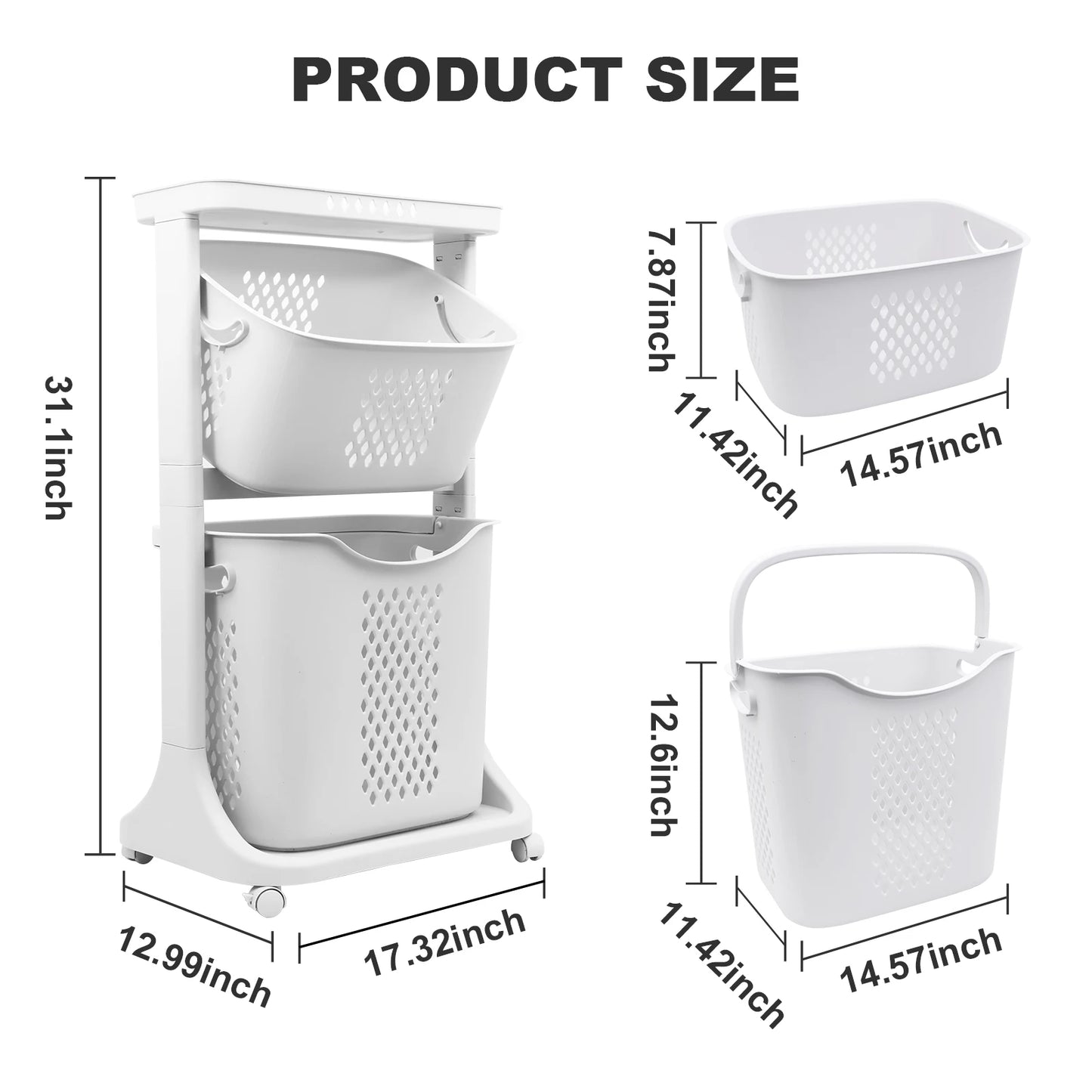 2 Tier 4 Tier Laundry Basket Cart Removable Storage Buckets Plastic Hamper with 4 Wheels White
