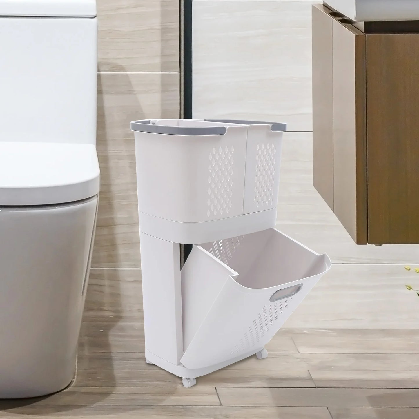 Removable Household Laundry Basket with Wheels 2 Tier Rolling Hamper Eco-Friendly Classic Style