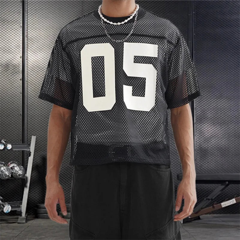 Men's Breathable Mesh Shirt with Bold Number Print Sheer Short Sleeves and Round Neckline for Casual Streetwear