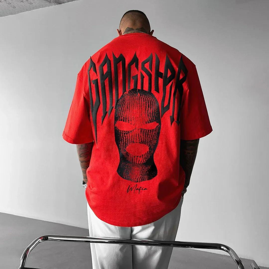 High Quality American High Street Masked Person Printed T-Shirt for Men Oversized Loose Harajuku Short Sleeve Tops