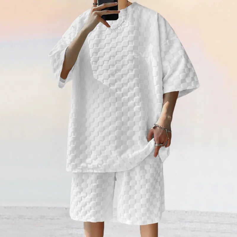 Men's Summer Jacquard Plaid Short Sleeve T-Shirt and Loose Straight Leg Casual Shorts Set