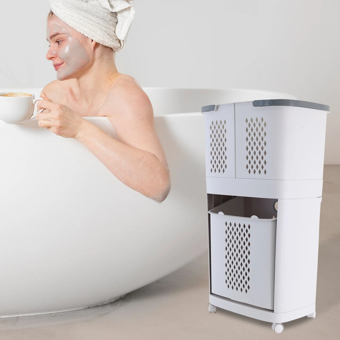 Removable Household Laundry Basket with Wheels 2 Tier Rolling Hamper Eco-Friendly Classic Style