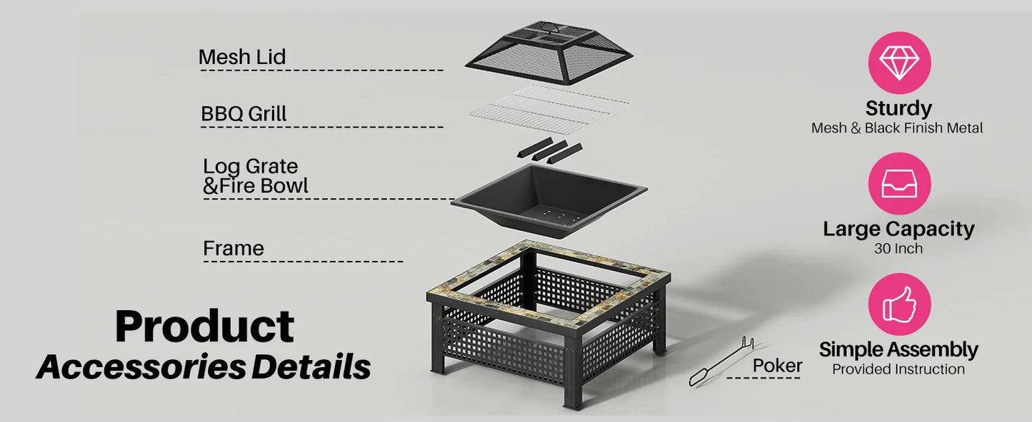30 Inch Square Fire Pit Outdoor Fireplace Table with Mesh Lid and Fire Poker 3 in 1 Multipurpose Firepit for Yard Garden and Patio
