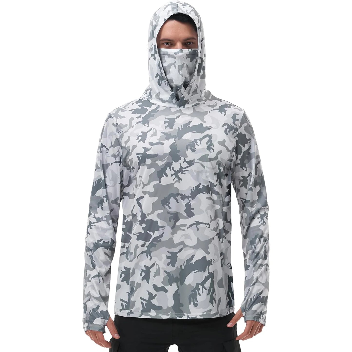 Men's Camo Print Fishing Hoodie with Built-in Face Mask for Sun Protection and Outdoor Activities