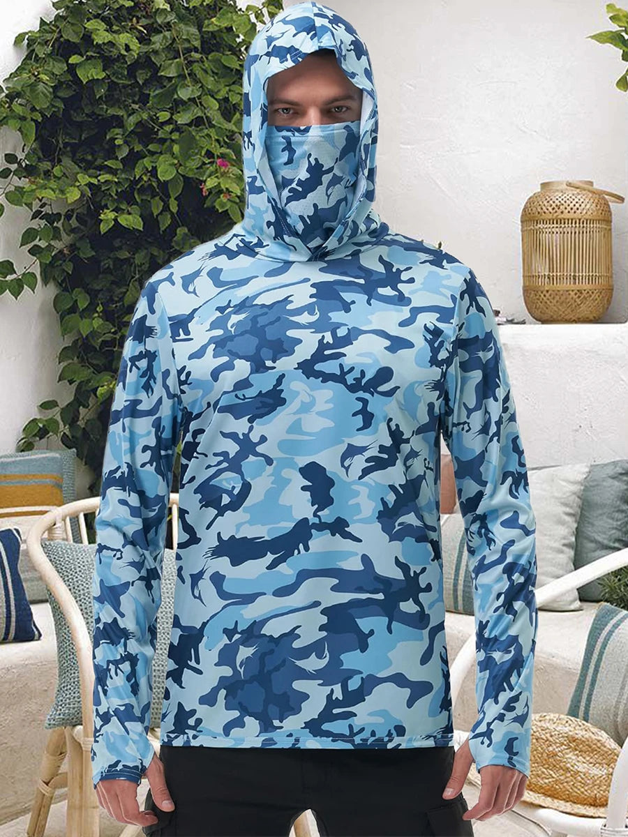 Men's Camo Print Fishing Hoodie with Built-in Face Mask for Sun Protection and Outdoor Activities
