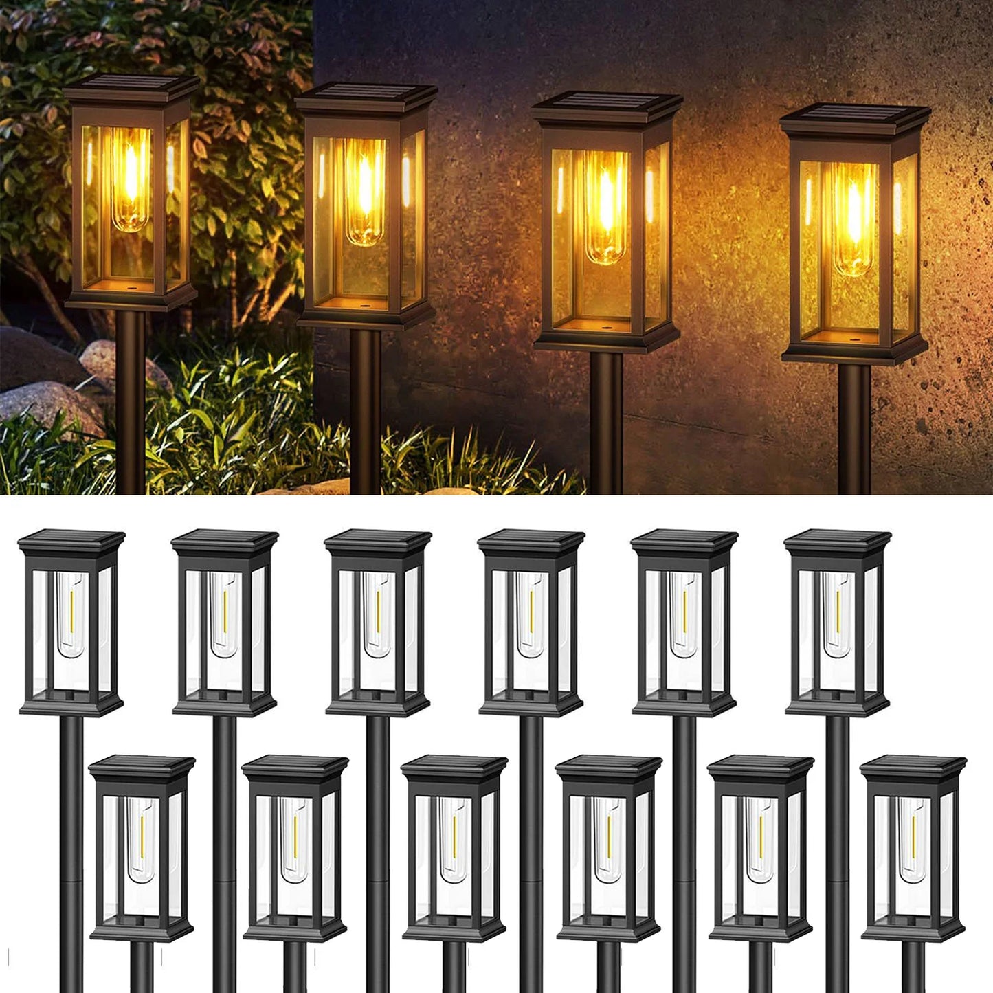 12 Pack Upgraded Solar Lights 2700K Warm White Super Bright 12 Hours for Yard Garden Walkway