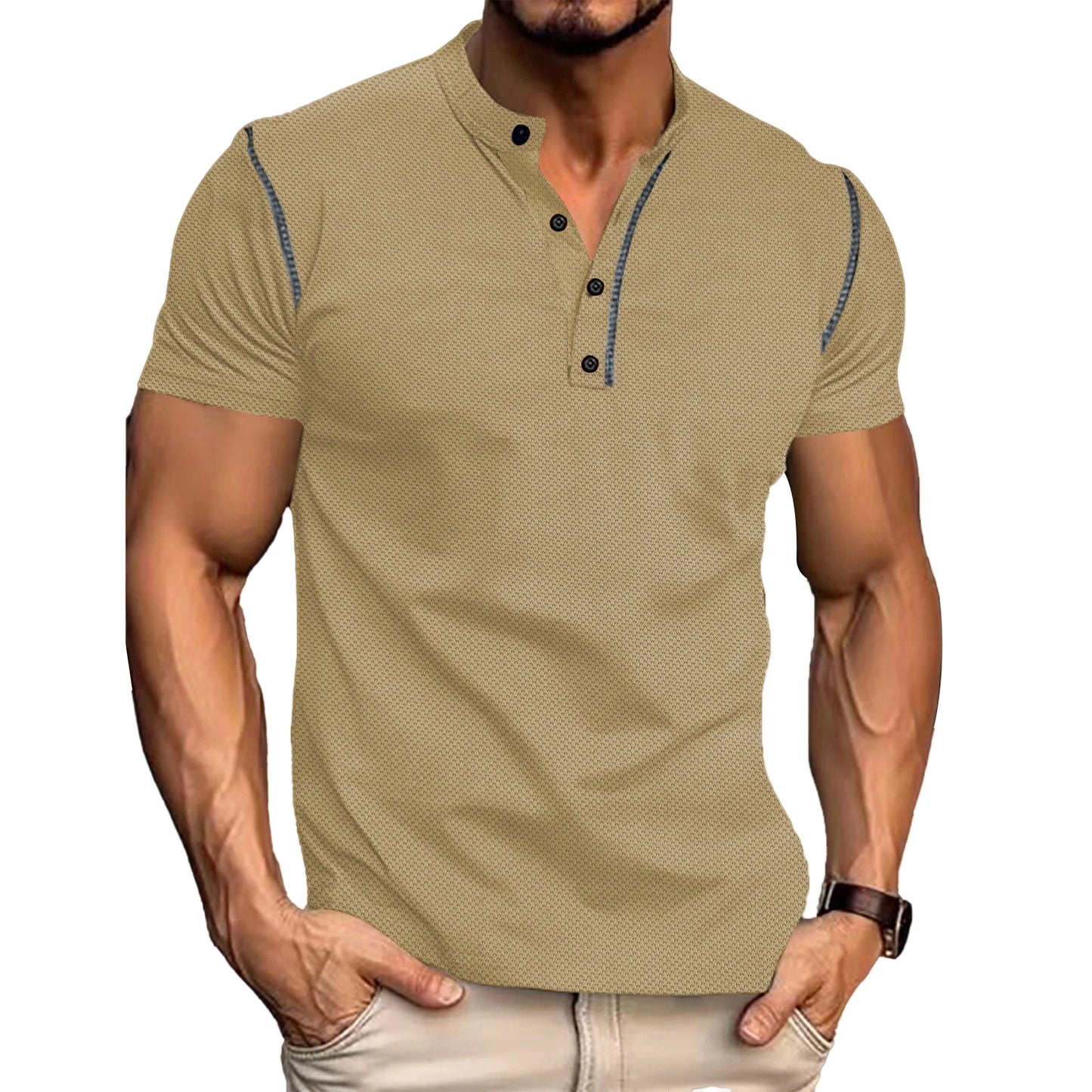Men's Fit Henley Short Sleeve T-Shirt with Contrast Stitching Casual Summer Top for Streetwear Style