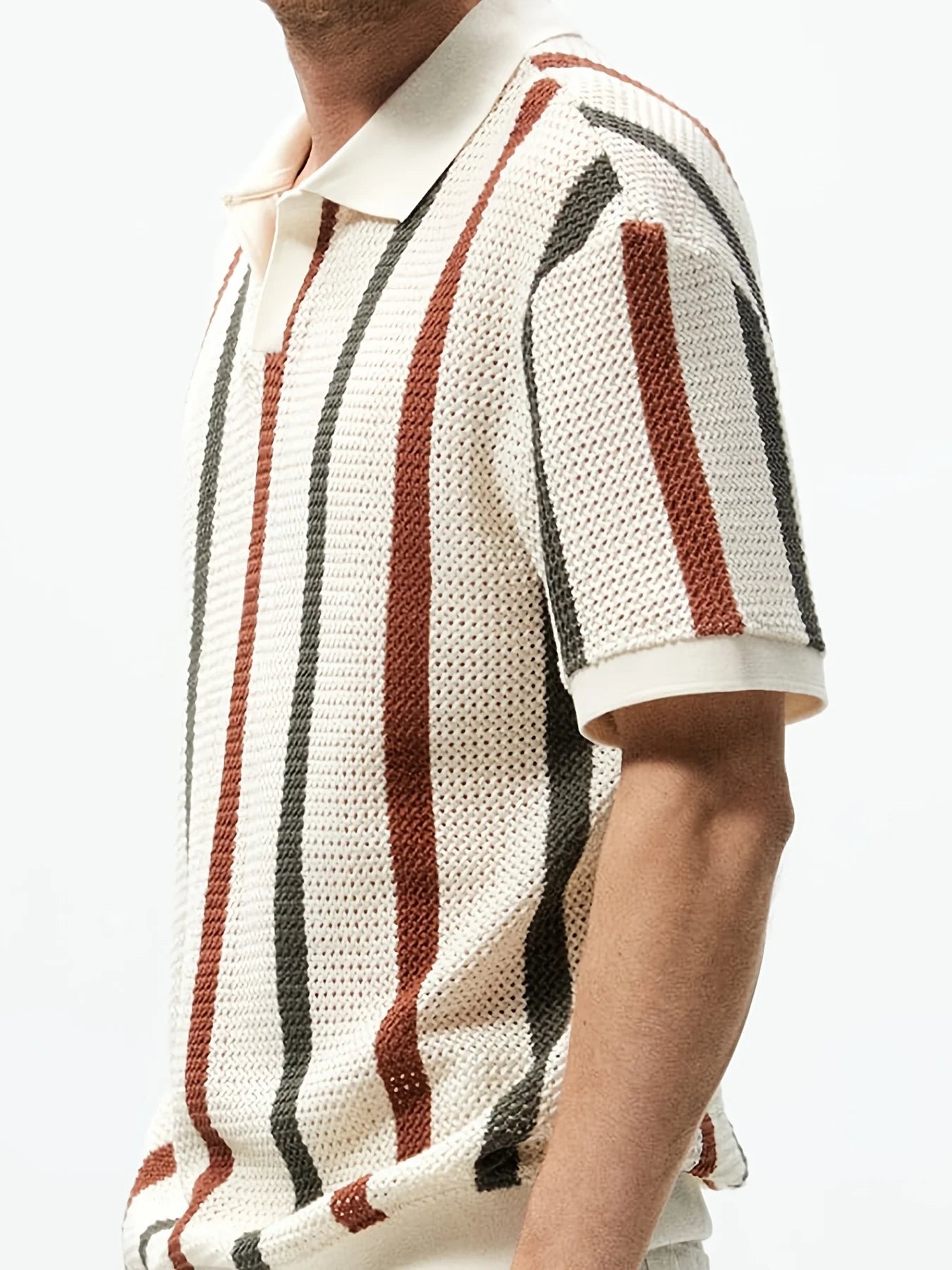 Men's Summer Chunky Knit Short Sleeve Polo Shirt With Stripes And Contrast Colors Casual Wear For Daily Outings