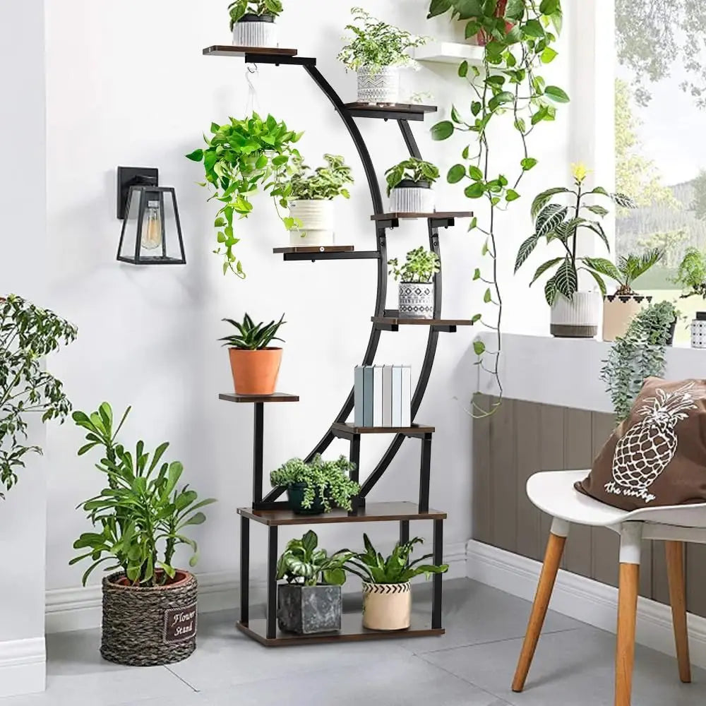 Black Plant Stand with Grow Light 9 Tiered Metal Shelf 60 Inch Black Holder Display Rack for Home Balcony