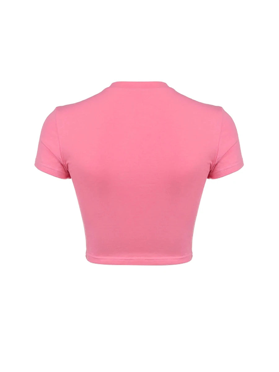 Women’s Round Neck Cropped Tops Short Sleeve Letter Embroidery Baby Tees Clubwear
