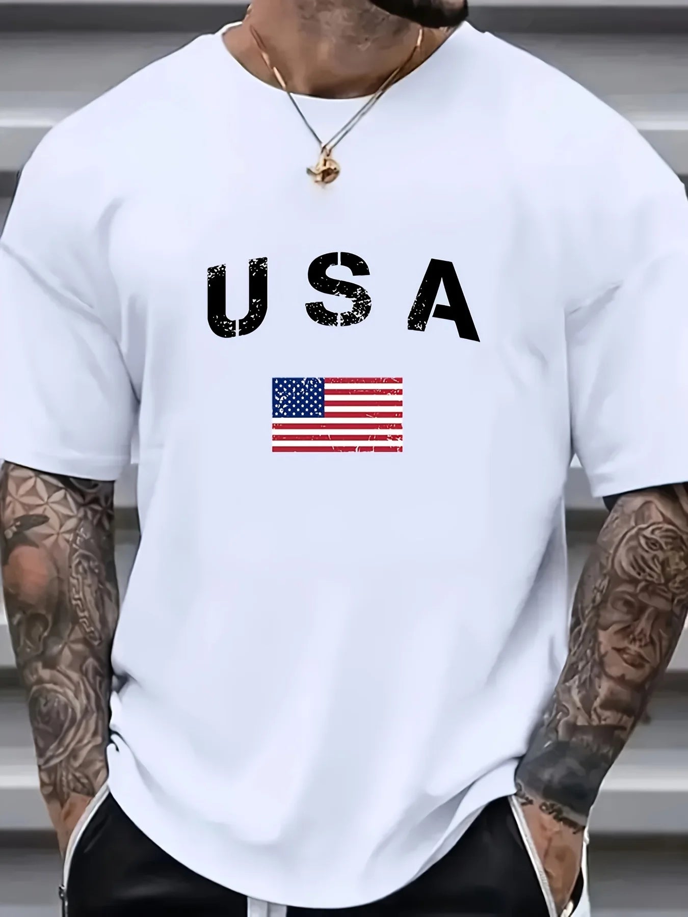 Men's American Flag USA Letter Print T-Shirt 100 Percent Cotton Crew Neck Short Sleeve Tee Casual Streetwear