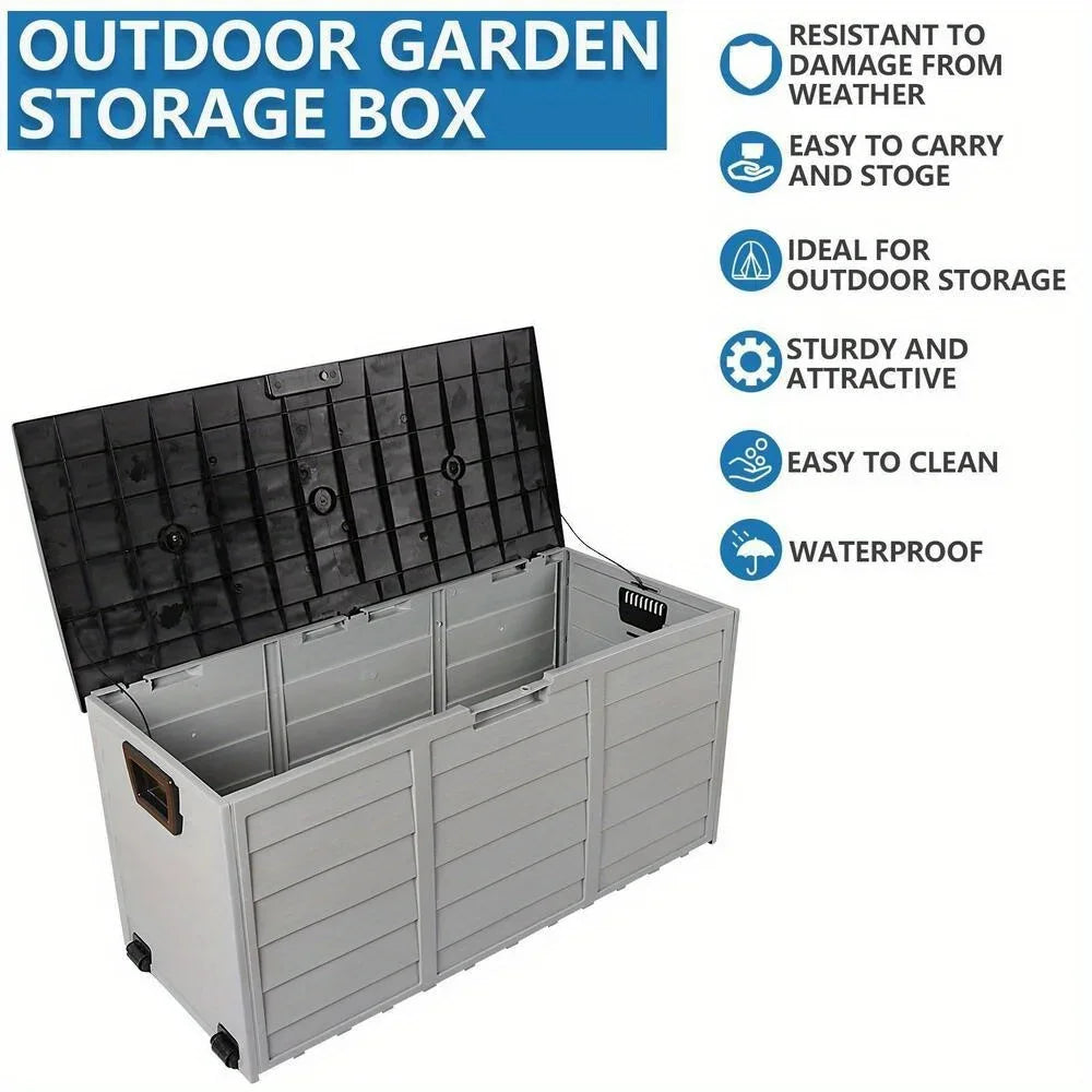 All Weather Deck Box Storage with Wheels UV Pool Shed Bin Backyard Porch 75 Gallons