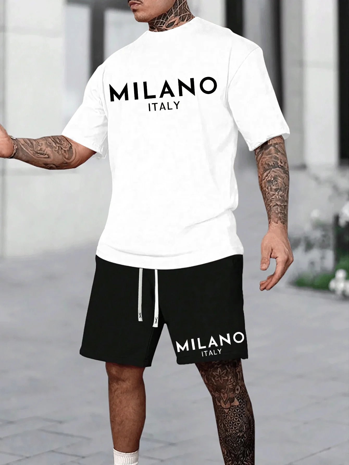 Milano Italy Letter Print Men's Two-Piece Set Casual Round Neck Short Sleeve T Shirt and Pocket Drawstring Shorts