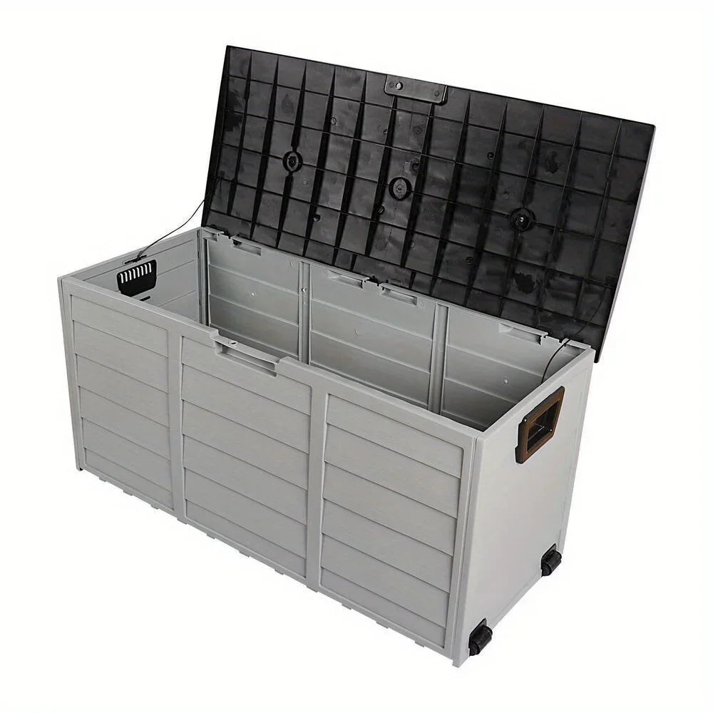 All Weather Deck Box Storage with Wheels UV Pool Shed Bin Backyard Porch 75 Gallons