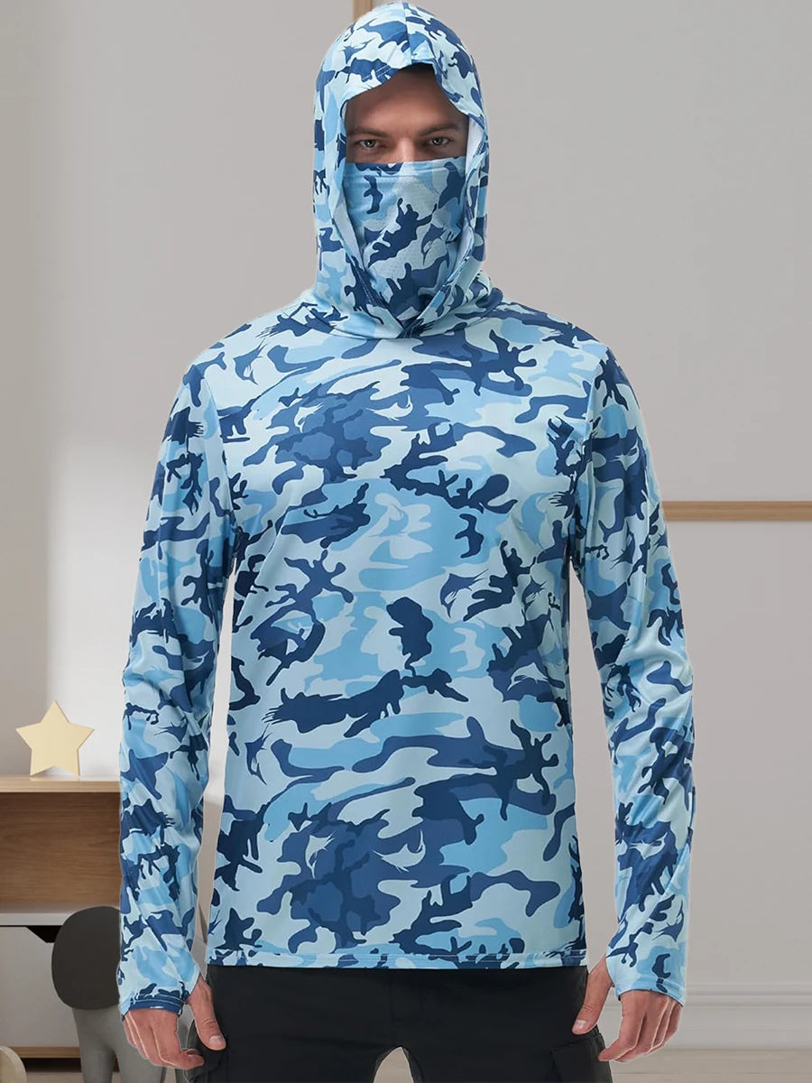 Men's Camo Print Fishing Hoodie with Built-in Face Mask for Sun Protection and Outdoor Activities