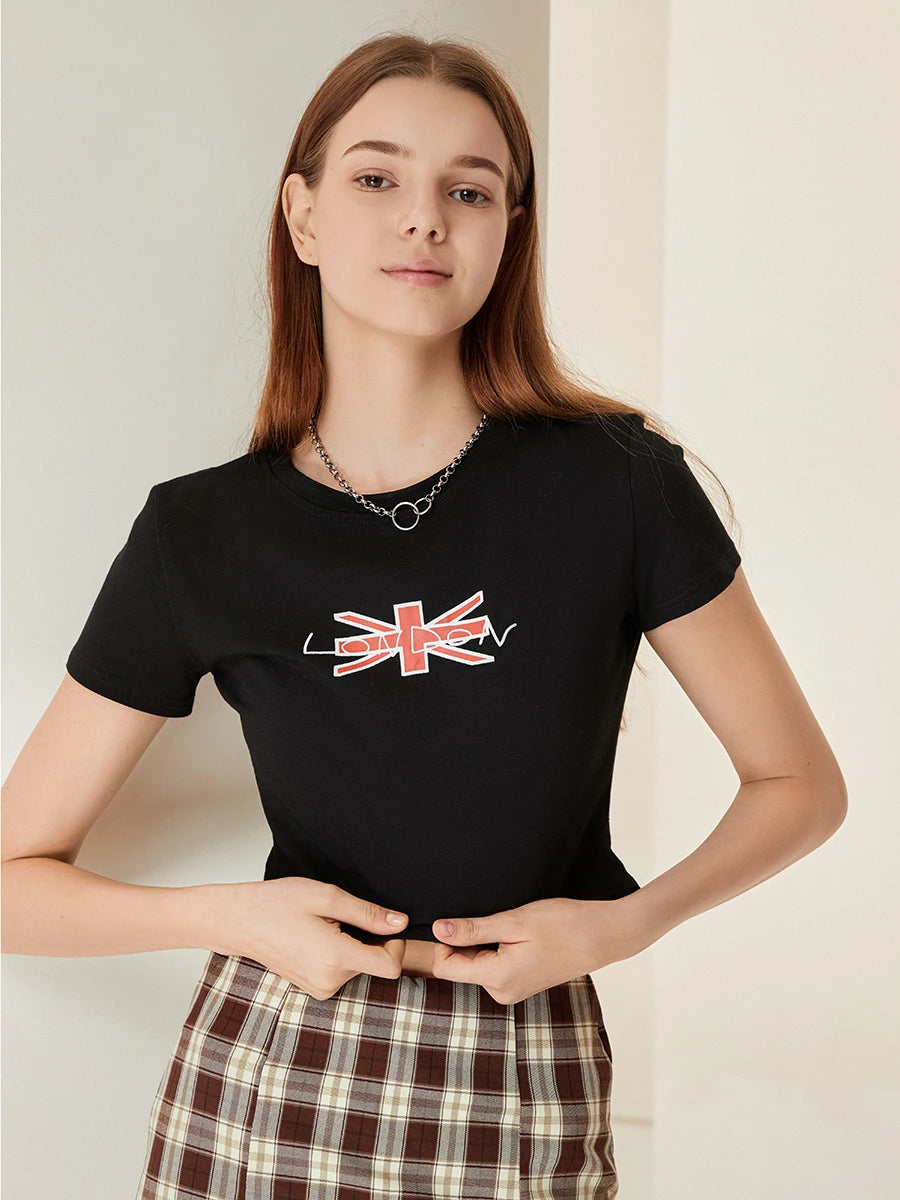 Women’s Crop Tops Round Neck Short Sleeve Letter Print Graphic T-Shirt for Summer