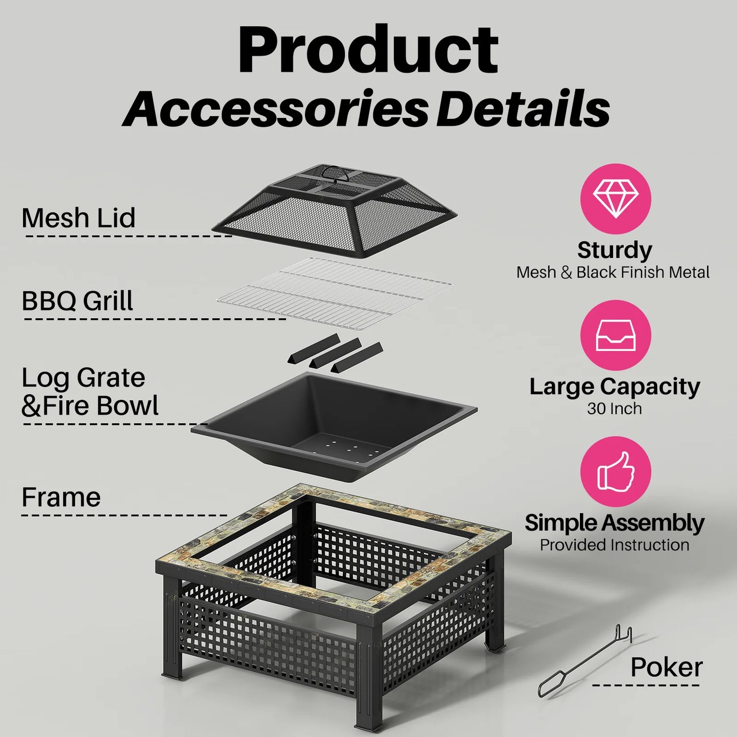 30 Inch Square Fire Pit Outdoor Fireplace Table with Mesh Lid and Fire Poker 3 in 1 Multipurpose Firepit for Yard Garden and Patio