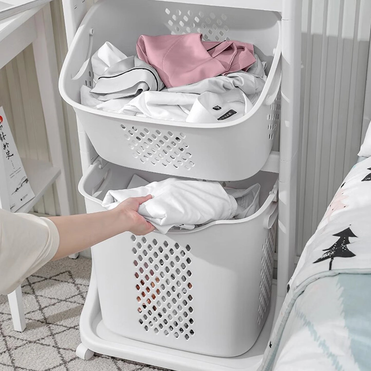 2 Tier 4 Tier Laundry Basket Cart Removable Storage Buckets Plastic Hamper with 4 Wheels White