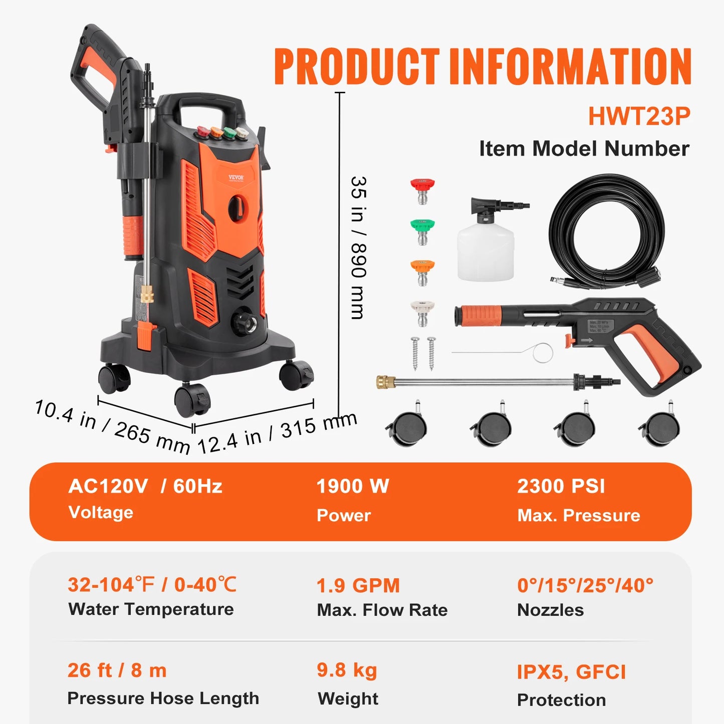 VEVOR Electric Pressure Washer Power Washer with Quick Connect Nozzles Foam Cannon and Retractable Handle for Portable Patio Cleaning