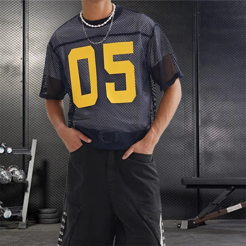 Men's Breathable Mesh Shirt with Bold Number Print Sheer Short Sleeves and Round Neckline for Casual Streetwear