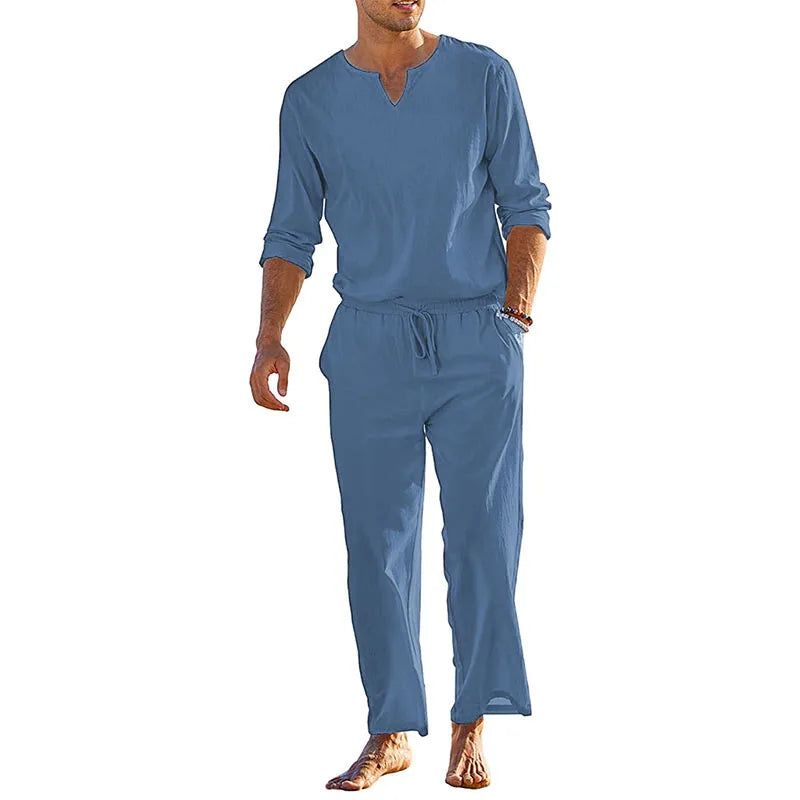 Men's Summer Cotton Linen Solid Color Long Sleeve Henley Shirt and Elastic Waist Drawstring Pants Two Piece Loungewear Set