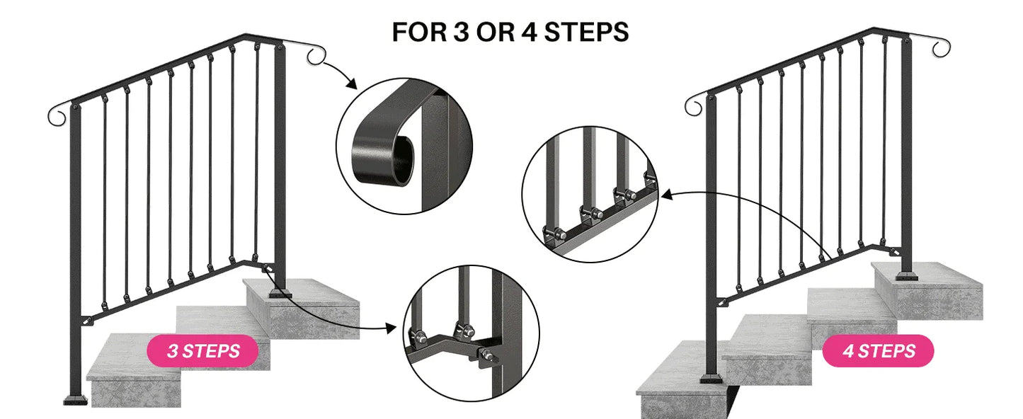 Redlife Handrails for Outdoor Steps Fit 2 to 4 Steps Wrought Iron Stair Railing for Concrete and Wooden Stairs